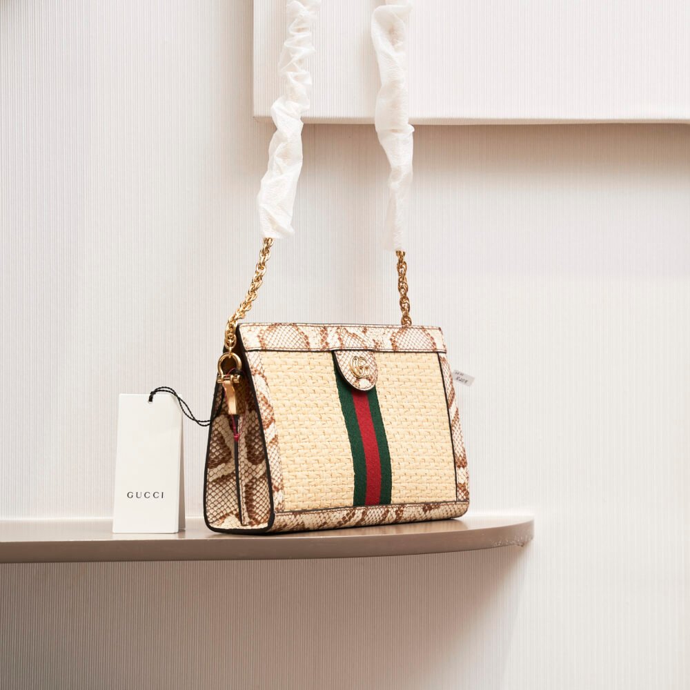 Gucci Ophidia Chain Shoulder Bag Raffia with Snakeskin Small